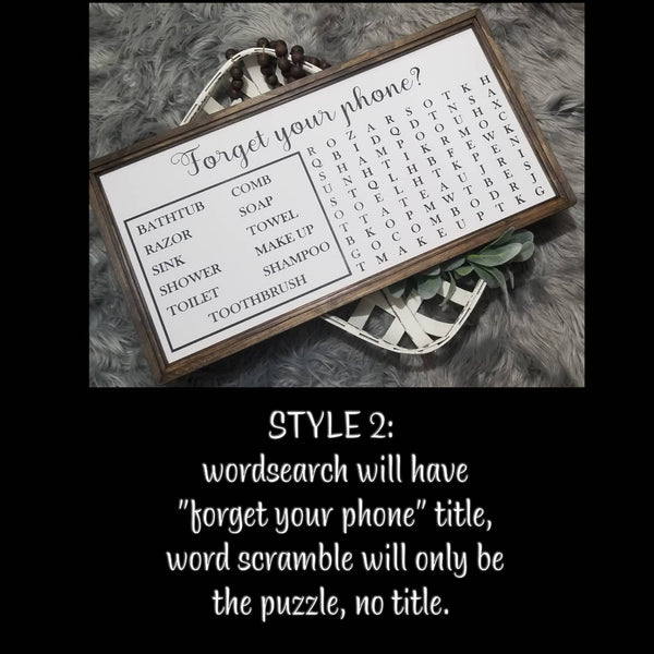 Forget your phone sign, set of 2 word search AND scramble, horizontal