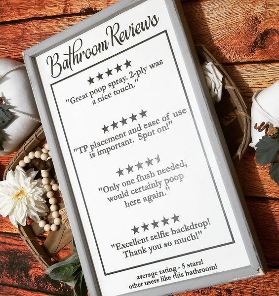 Bathroom reviews sign