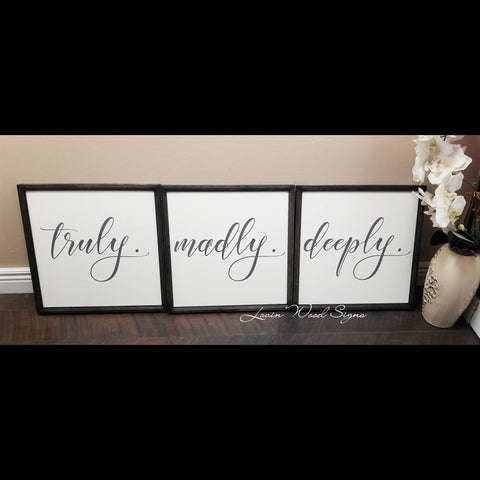 truly madly deeply, sign set of 3, over the bed sign, master bedroom sign, song lyric sign, farmhouse decor, anniversary, romantic sign