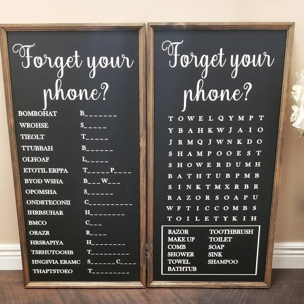 Forget your phone sign, set of 2, word search AND scramble, vertical