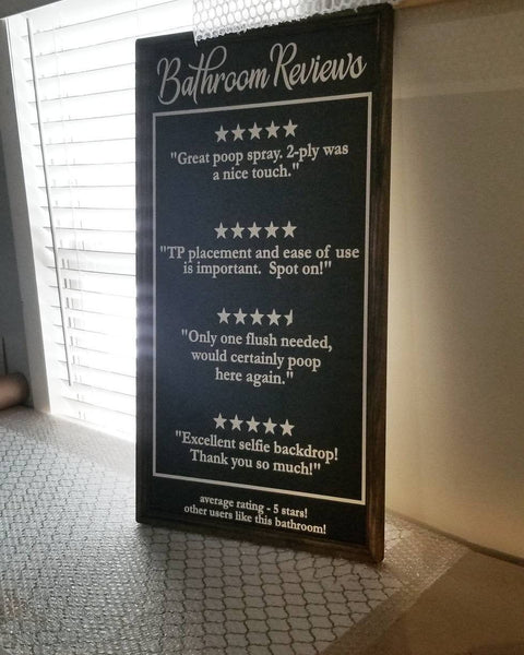 Bathroom reviews sign